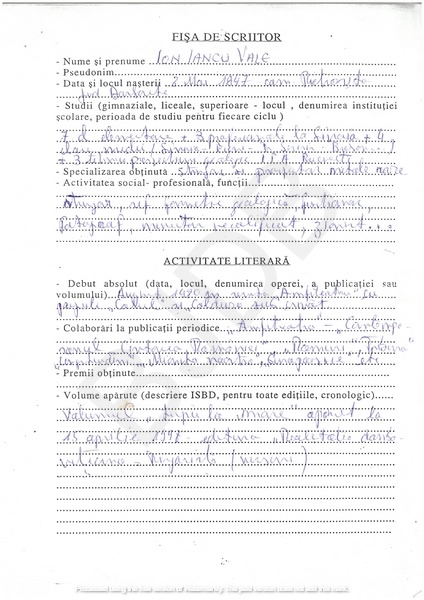 M-1297 - Fisa de scriitor ION IANCU VALE